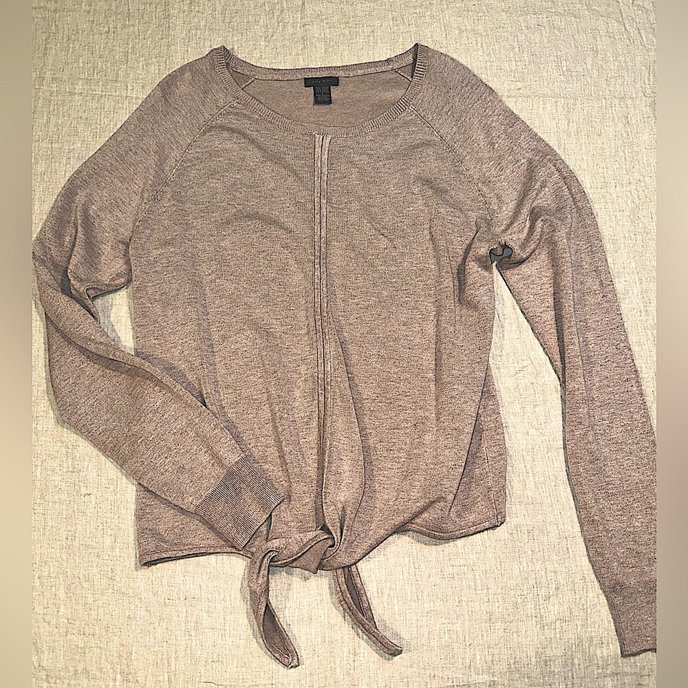 Only Mine Womens Size L Sweater Modern Tie Front Lightweight Beige Crewneck